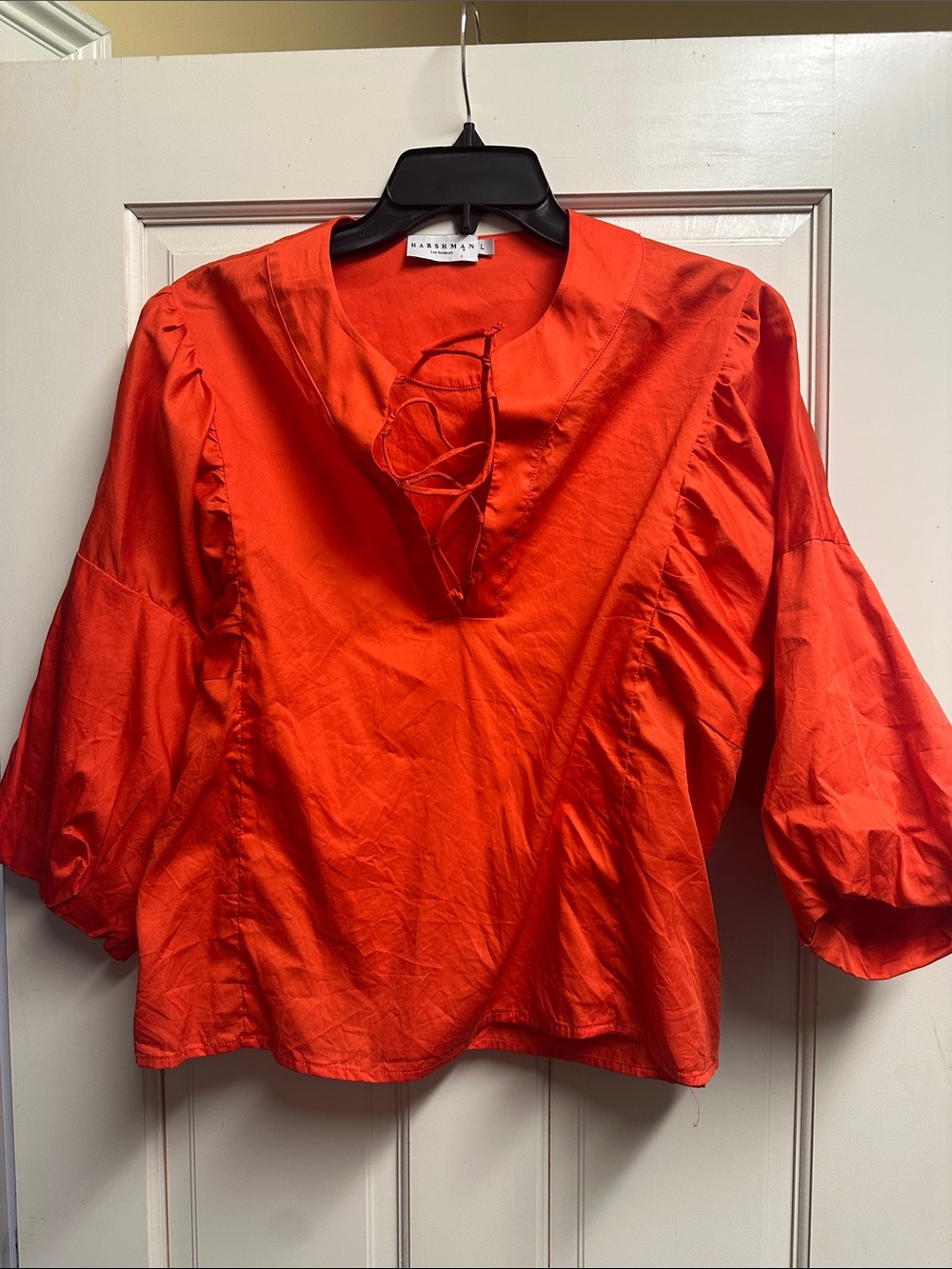 Vakko Vibrant Orange Lace-Up Puff Sleeve Blouse